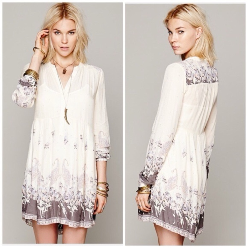 Free People Cream and Gray Floral Dress